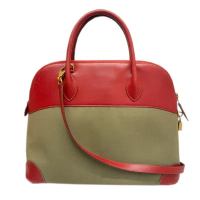 Pre-owned Hermes Khaki Rouge Garance Toile Officier Box Calf Leather Handbag Shoulder Bag () In Khaki, Rouge Garance