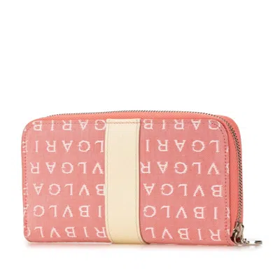 Pre-owned Bvlgari Logomania Pink White Canvas Leather Long Wallet (bi-fold) () In Pink, White