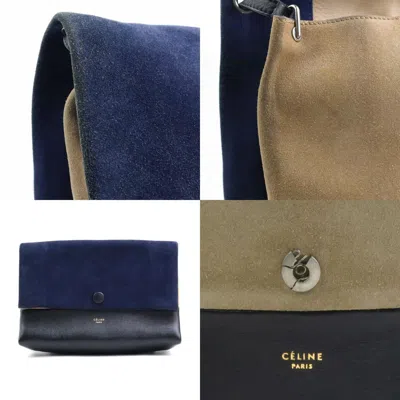 Pre-owned Celine Beige Black Navy Suede Leather Pouch Shoulder Bag () In Beige, Black, Navy