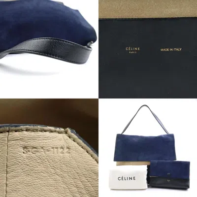 Pre-owned Celine Beige Black Navy Suede Leather Pouch Shoulder Bag () In Beige, Black, Navy