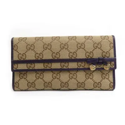 Pre-owned Gucci Beige Purple Gg Canvas Leather Long Wallet (bi-fold) () In Beige, Purple