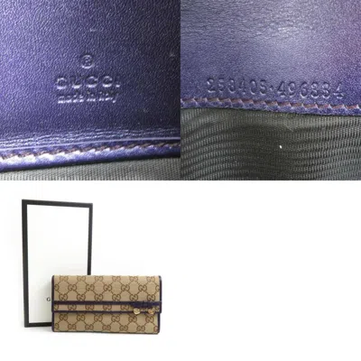 Pre-owned Gucci Beige Purple Gg Canvas Leather Long Wallet (bi-fold) () In Beige, Purple