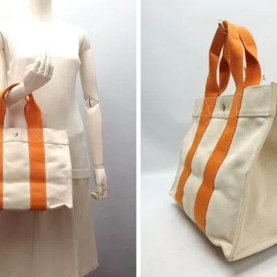 Pre-owned Hermes Bora Bora Orange White Cotton Handbag Tote Bag () In Orange, White