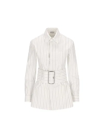 Burberry Belted Pinstriped Cotton-poplin Shirt In String/coal