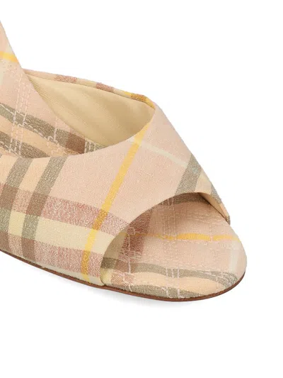 Burberry Beige Check Linen Mule Sandals With 6.5 Cm Heel Lf Mews 65 Chk 162393 In Teacup Ip Check