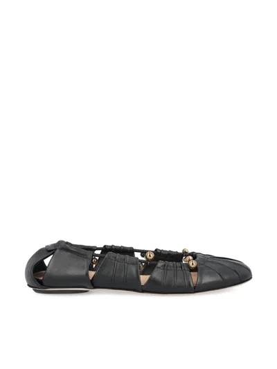 Chloé Luna Ballerinas With Gold-tone Accents And Pleated Design In Black