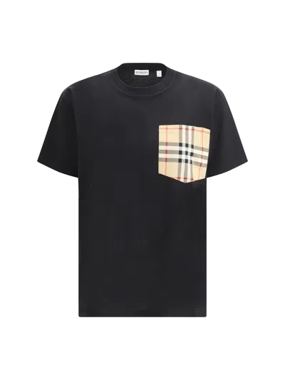 Burberry Short Sleeve Checked Crew Neck T-shirt With Chest Pocket In Black