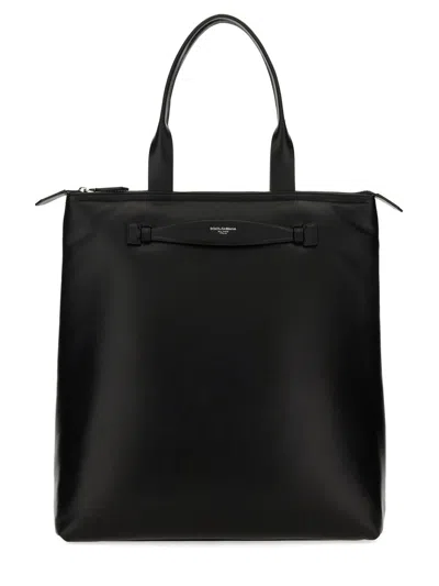 Dolce & Gabbana Logo Printed Zipped Tote Bag In Black