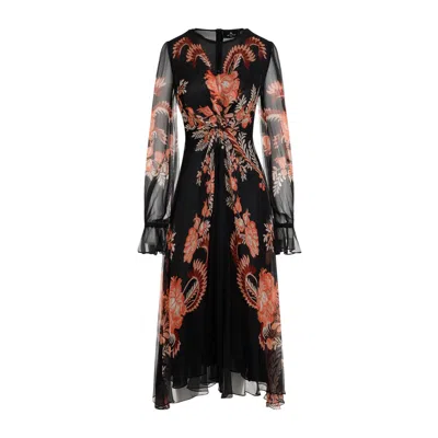 Etro Floral Silk Chiffon Long-sleeved Midi Dress In Black