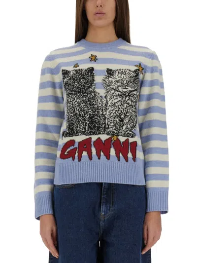 Ganni Light Blue Crewneck With Maxi Logo Print On The Front And All-over Striped Motif In Blue