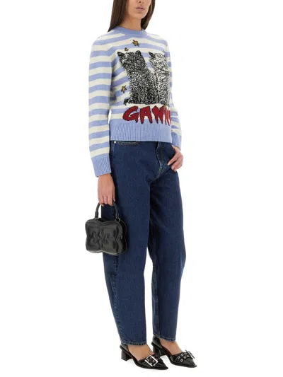 Ganni Light Blue Crewneck With Maxi Logo Print On The Front And All-over Striped Motif In Blue