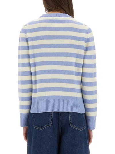 Ganni Light Blue Crewneck With Maxi Logo Print On The Front And All-over Striped Motif In Blue
