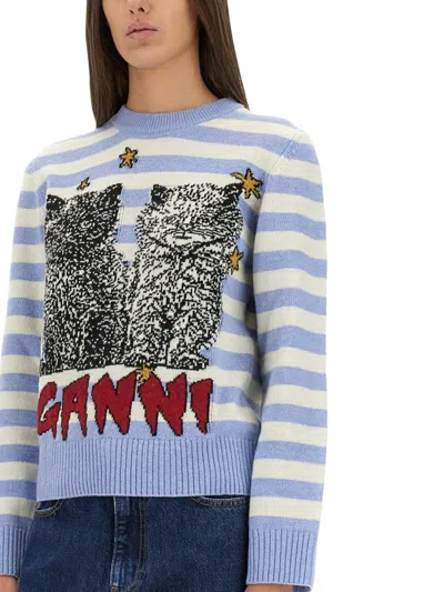 Ganni Light Blue Crewneck With Maxi Logo Print On The Front And All-over Striped Motif In Blue