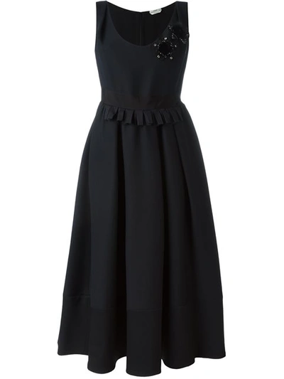 Fendi Mink Fur Trim Floral Appliqué Wool & Gazar Dress In Black