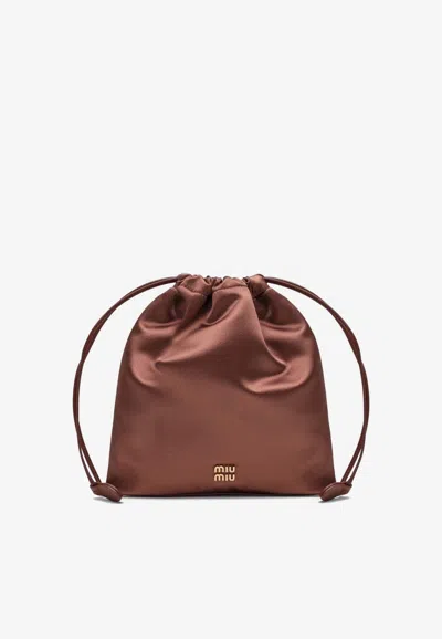 Miu Miu Logo Lettering Satin Pouch Bag In Cocoa