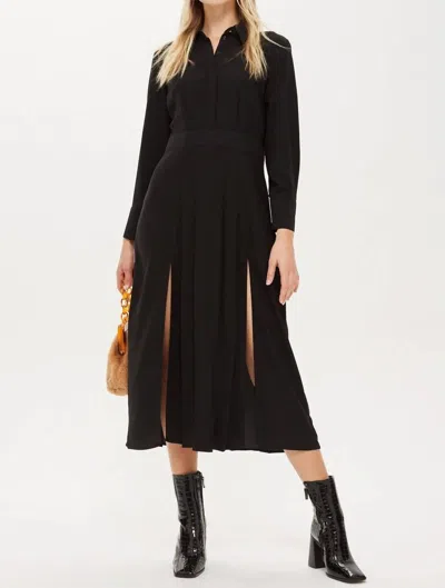 Topshop Pleated Button Down Casual Long Sleeve Midi Dress In Black In Black