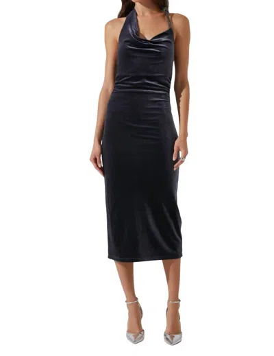 Astr The Label Eugenie Embellished Velvet Cowl Neck Halter Midi Dress In Blue