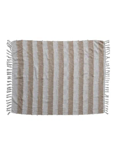 Bloomingville Woven Cotton Throw Blanket W/stripes & Fringe In Tan