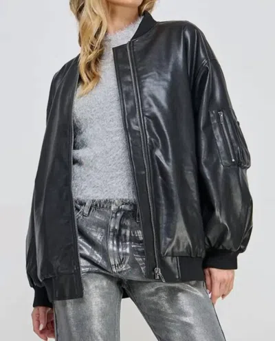 Miss Love Zip Up Pockets Pu Faux Leather Bomber Jacket In Black In Black