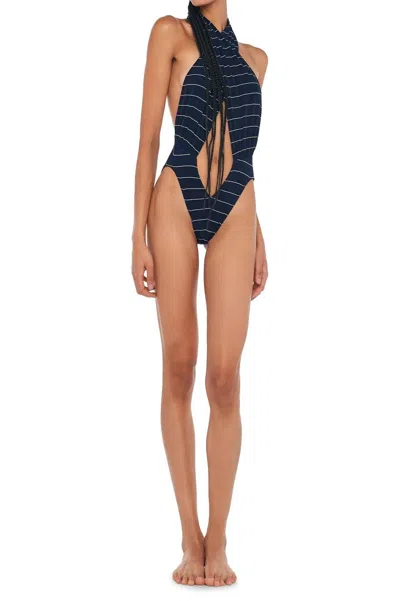 Susana Monaco Cross Halter Bodysuit In Navy Pinstripe In Blue