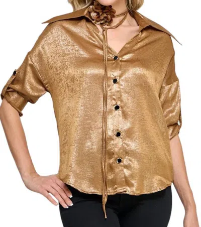 Pastel Design Liz Button-down Blouse With Rosette Sash In Bronze In Gold