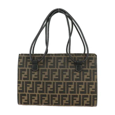 Pre-owned Fendi Black Brown Canvas Leather Handbag Shoulder Bag Tote Bag () In Black, Brown