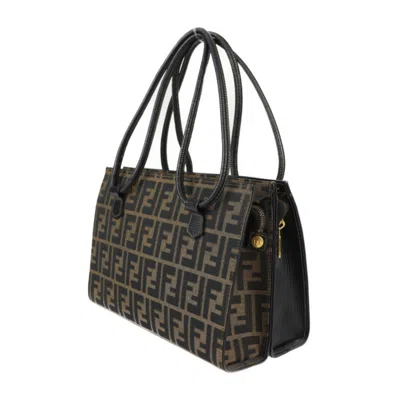 Pre-owned Fendi Black Brown Canvas Leather Handbag Shoulder Bag Tote Bag () In Black, Brown