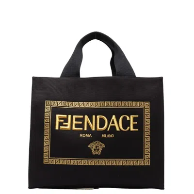Pre-owned Fendi Black Yellow Canvas Shoulder Bag Tote Bag () In Black, Yellow