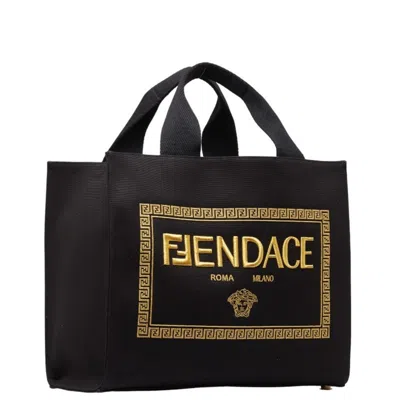 Pre-owned Fendi Black Yellow Canvas Shoulder Bag Tote Bag () In Black, Yellow