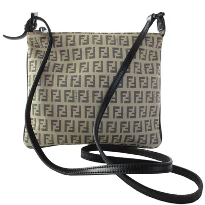 Pre-owned Fendi Zucchino Beige Black Canvas Leather Shoulder Bag () In Beige, Black