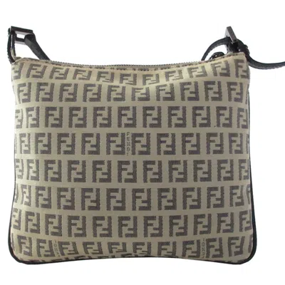 Pre-owned Fendi Zucchino Beige Black Canvas Leather Shoulder Bag () In Beige, Black