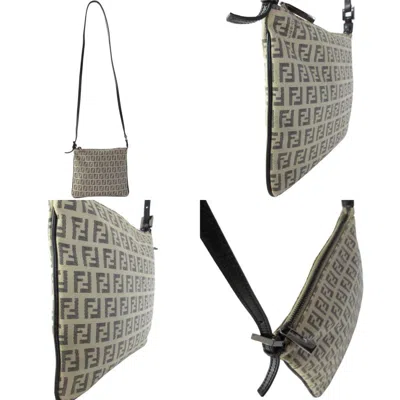Pre-owned Fendi Zucchino Beige Black Canvas Leather Shoulder Bag () In Beige, Black
