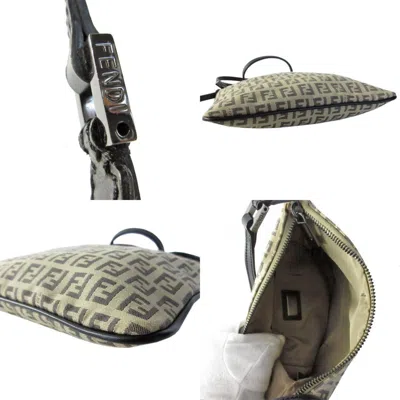 Pre-owned Fendi Zucchino Beige Black Canvas Leather Shoulder Bag () In Beige, Black
