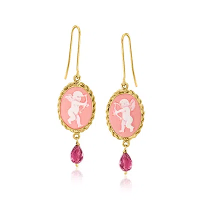 Ross-simons Italian Pink Porcelain Cupid Cameo Drop Earrings With Rhodolite Garnets In 18kt Gold Over Sterling In Red