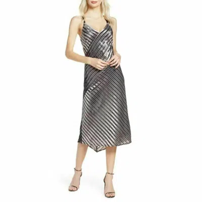 Harlyn Metallic Stripes V Neck Cocktail Slip Midi Dress In Gray In Grey