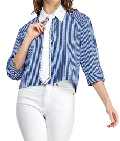 Pastel Design Roberta Embellished Striped Cropped Shirt With Tie In Blue In Blue