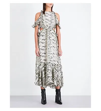 Topshop Animal Print Silk Ruffle Open Back Cutout Midi Dress In Grey In Grey