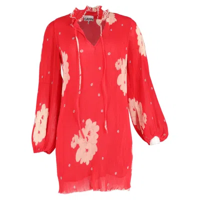Ganni Ruffle-trimmed Floral-print Plissé-chiffon Mini Dress In Red Viscose In Red