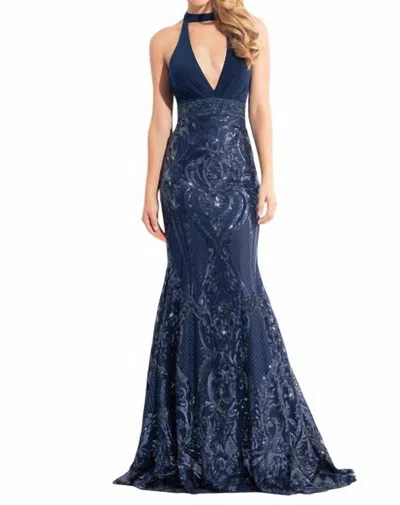 Rachel Allan Halter Neck Embellished Mermaid Gown In Navy In Blue