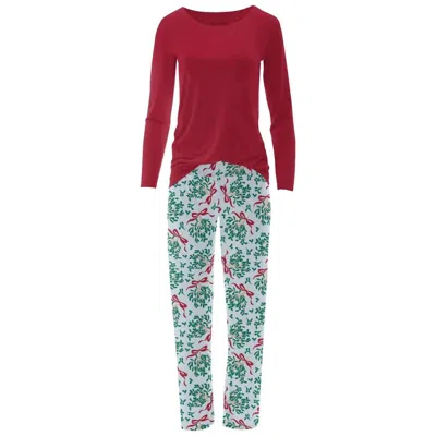Kickee Women's Long Sleeve Tee & Pajama Pants Set In Illusion Blue Mistletoe & Ribbons In Multi