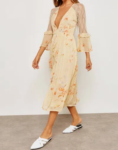Topshop Floral Print Lace Rhinestones Ruffle Midi Dress In Beige In Beige
