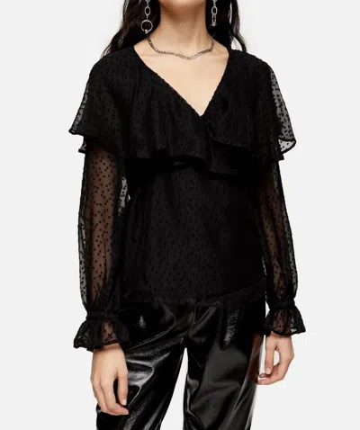Topshop Dotted Sheer Chiffon Ruffle Waist Tie Blouse In Black In Black