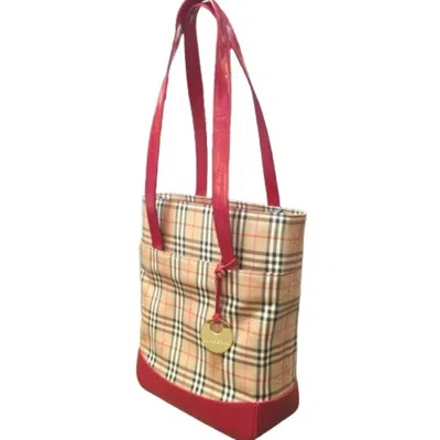 Pre-owned Burberry Beige Red Color Canvas Tote Bag () In Beige, Red Color