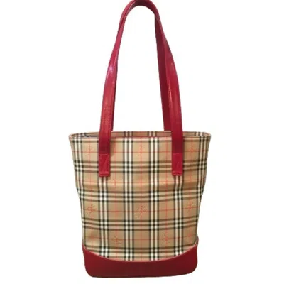Pre-owned Burberry Beige Red Color Canvas Tote Bag () In Beige, Red Color