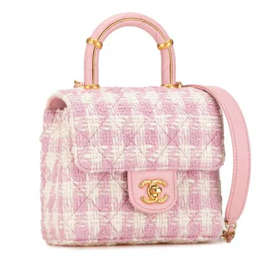 Pre-owned Chanel Pink White Tweed Leather Handbag Shoulder Bag () In Pink, White