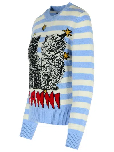 Ganni Light Blue Crewneck With Maxi Logo Print On The Front And All-over Striped Motif In Blue