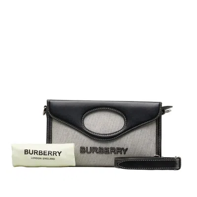 Pre-owned Burberry Black Gray Cotton Canvas Leather Handbag Shoulder Bag () In Black, Gray