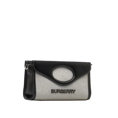 Pre-owned Burberry Black Gray Cotton Canvas Leather Handbag Shoulder Bag () In Black, Gray