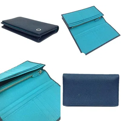 Pre-owned Bvlgari Emerald Green Navy Leather Long Wallet (bi-fold) () In Emerald Green, Navy