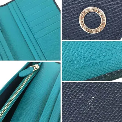 Pre-owned Bvlgari Emerald Green Navy Leather Long Wallet (bi-fold) () In Emerald Green, Navy